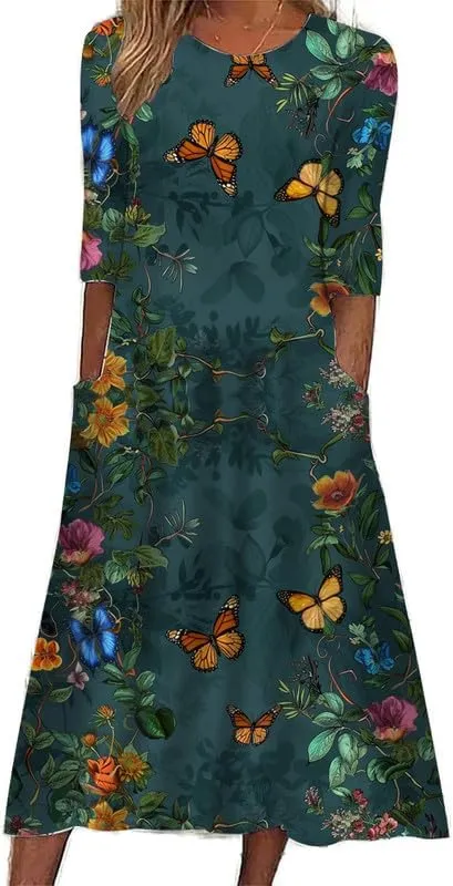 ZOCAVIA Women's Boho Floral Midi Dress Summer Casual Ethnic Style Short Sleeve Flowy Bohemian Retro Sundresses with Pockets
