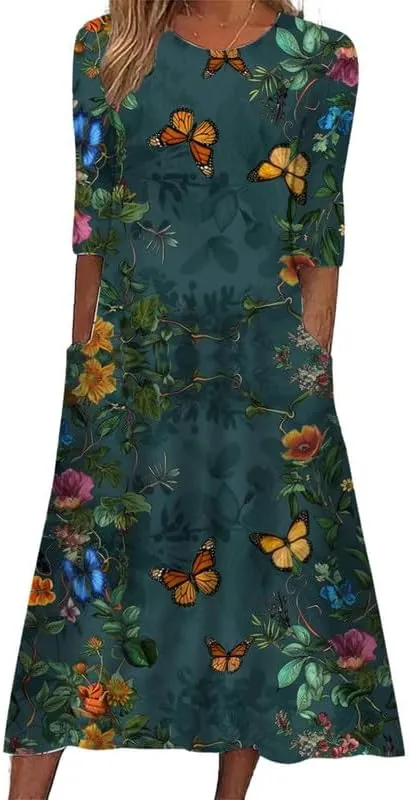 ZOCAVIA Women's Boho Floral Midi Dress Summer Casual Ethnic Style Short Sleeve Flowy Bohemian Retro Sundresses with Pockets