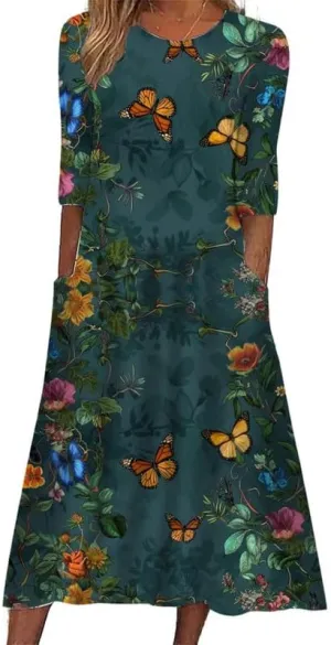 ZOCAVIA Women's Boho Floral Midi Dress Summer Casual Ethnic Style Short Sleeve Flowy Bohemian Retro Sundresses with Pockets