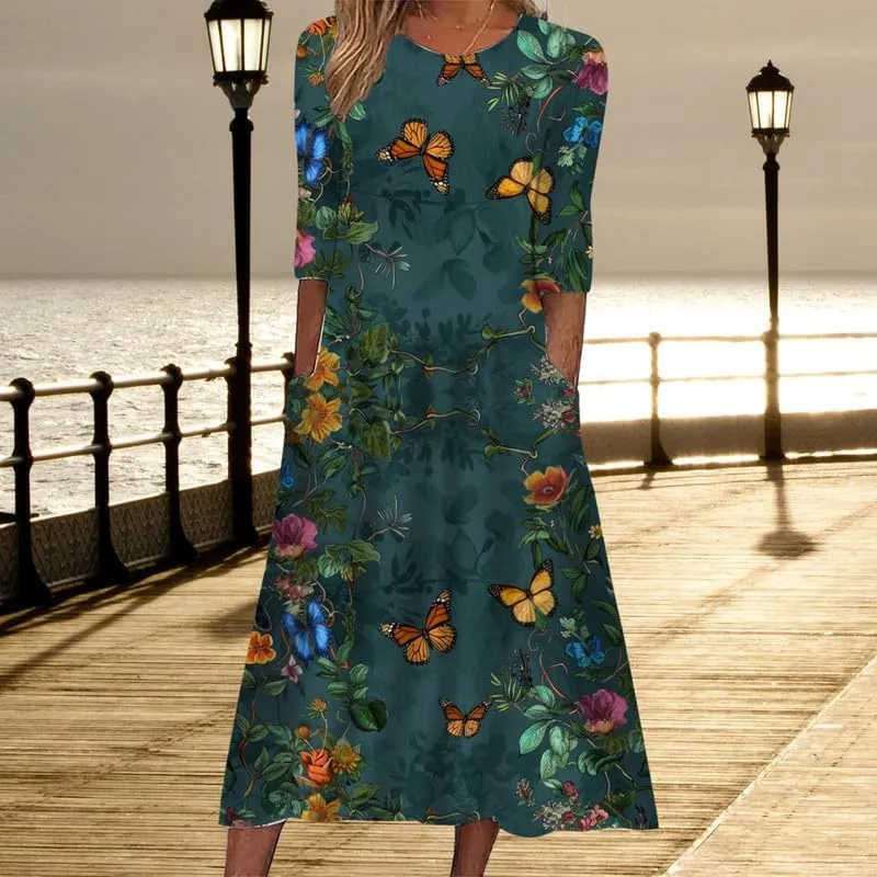 ZOCAVIA Women's Boho Floral Midi Dress Summer Casual Ethnic Style Short Sleeve Flowy Bohemian Retro Sundresses with Pockets