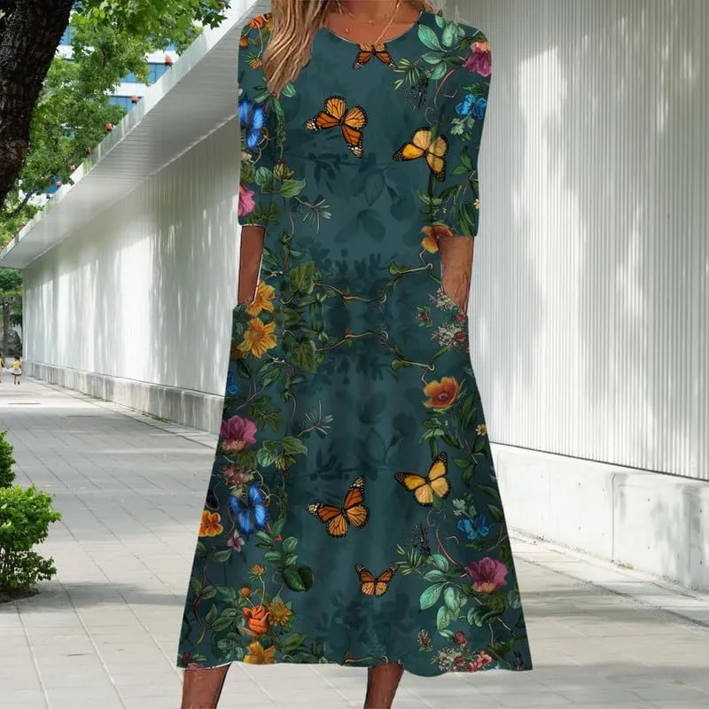 ZOCAVIA Women's Boho Floral Midi Dress Summer Casual Ethnic Style Short Sleeve Flowy Bohemian Retro Sundresses with Pockets